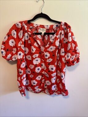 St. John's Bay Red Floral Button-Front Puff Sleeve Blouse